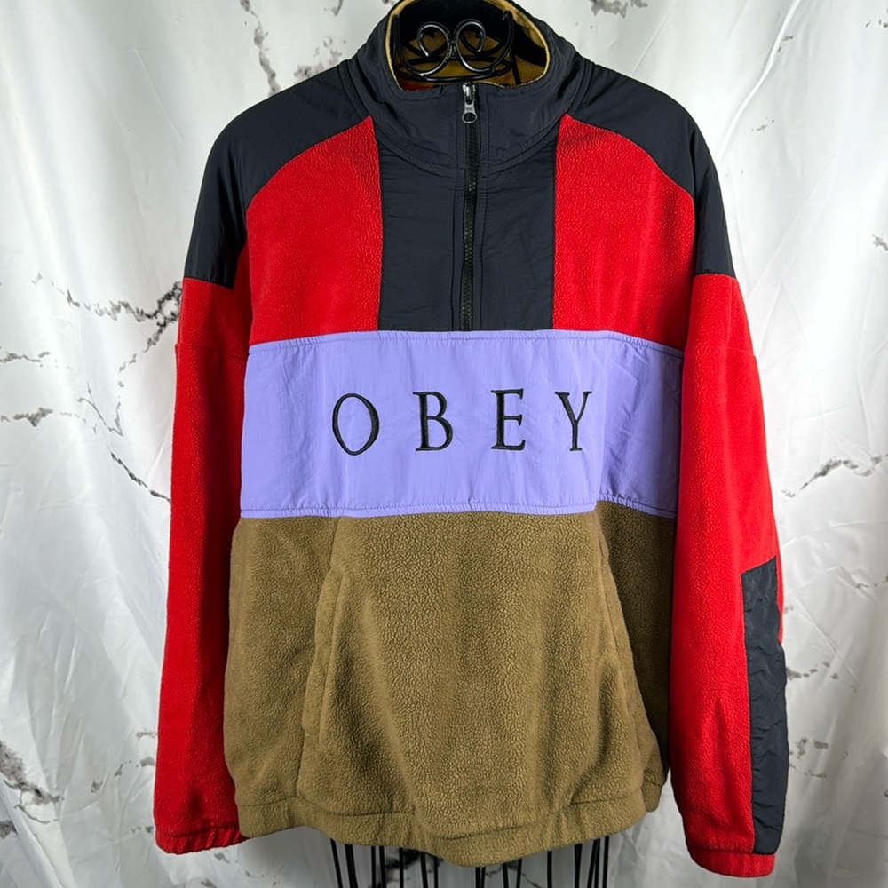 Obey Alpine Polar Anorak Jacket Colorblock Fleece Pullover 1/2 Zip Placket